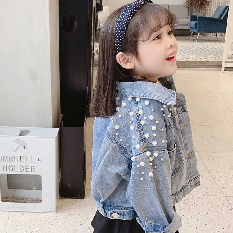 Pearls Beading Kids Denim Jacket For Girls Fashion Coats Children Clothing Autumn Baby Clothes Outerwear Jean Jackets Coat 211204