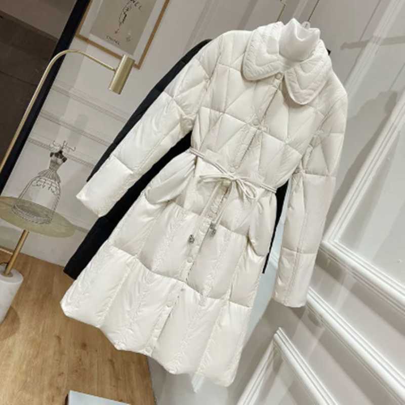 Winter Women Vintage Solid Sash Tie Up Down Long Jackets Office Lady Elegant Warm White Duck Down Windbreak Coats 210819