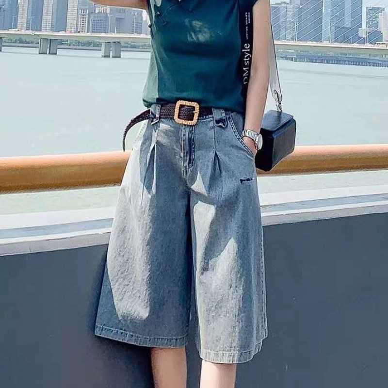 High Waist Wide Leg Denim Shorts For Women Half Long Summer Knee Length Jean Streetwear Pockets Casual Bermuda Shorts For Women 210625