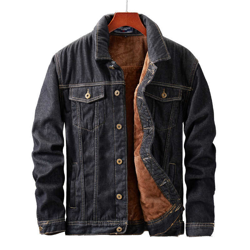 Winter Men Thick Jackets and Coats Warm Fleece Denim Jacket Fashion Mens Black vintage Men Coat Plus Large Size M-5XL 210818