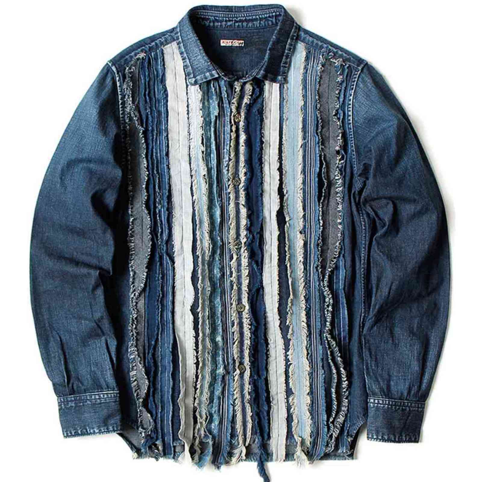 21ss Kapital Hirata hoshiro used washed denim strip splicing color matching Long Sleeve Shirt, Navy blue
21ss Kapital Hirata hoshiro used washed denim strip splicing color matching Long Sleeve Shirt, Navy blue