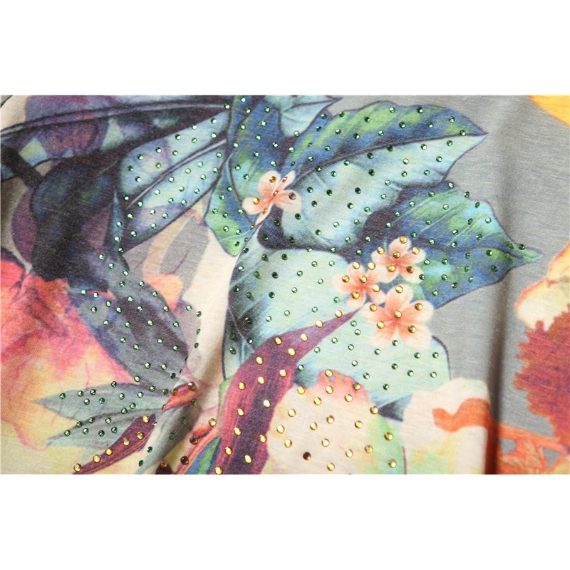 Fashion hot drilling colorful floral double print thin t shirt women new arrivals oneck long sleeve Plus size M4XL T200319