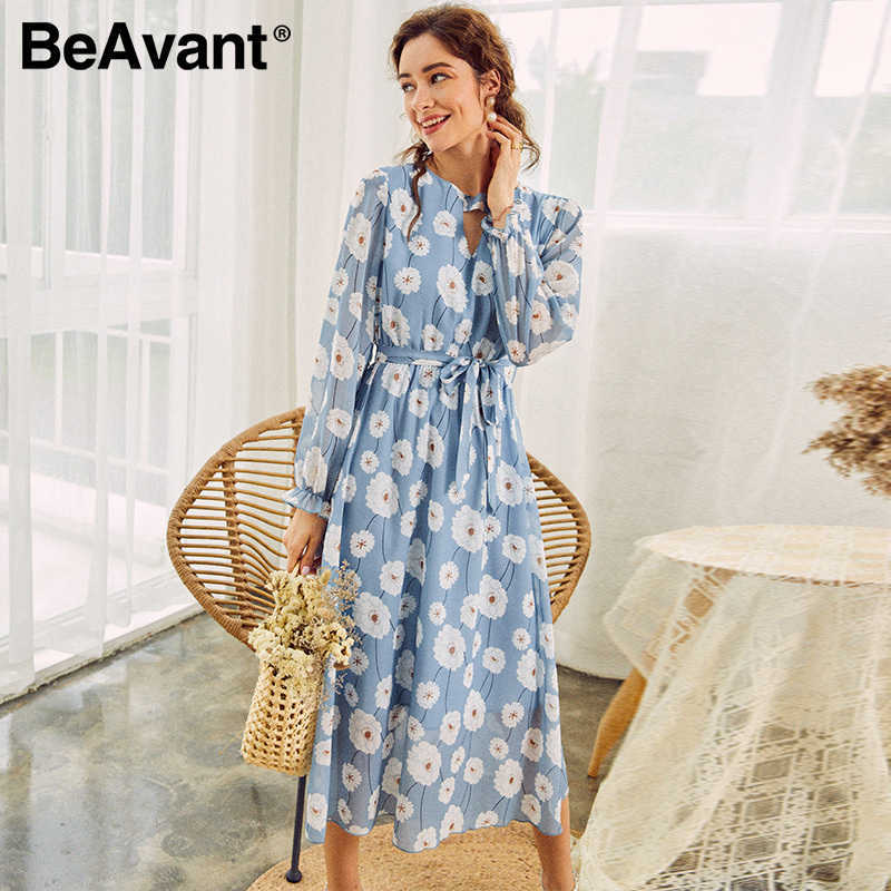 BeAvant Casual flare sleeve dress women Office ladies high waist belt long dress Elegant floral printed blue summer dresses 210709