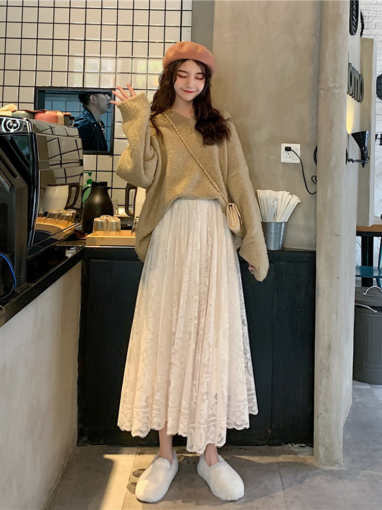 WERUERUYU Spring And Summer Womens Waist Gauze Lace Skirt Thin A Aline Long 210306