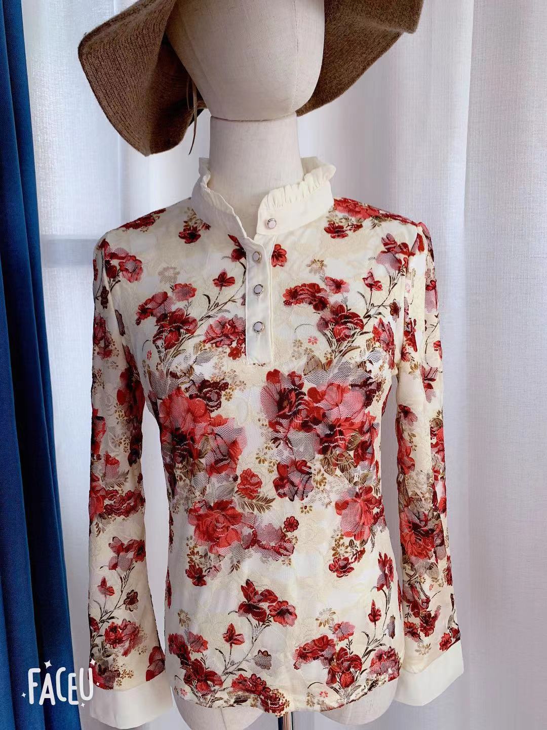 Autumn Winter Women Blouses Lace Stand Casual Long Sleeved Shirts Flower Elegant Slim Velvet Warm Thick Tops Plus Size Blusas 210225