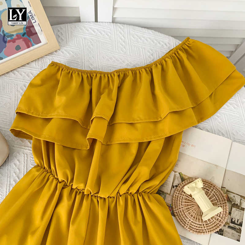 LY VAREY LIN Summer Women Fashion Solid Color High Waist Wide Leg Shorts Casual Oblique Shoulder Ruffles Jumpsuits 210526