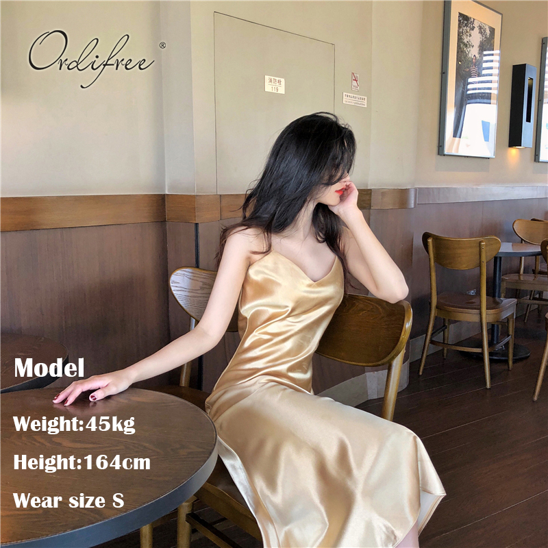 Ordifree Summer Women Long Satin Slip Dress Spaghetti Strap Party Dress Vintage Pink Gold Black Silk Sexy Maxi Dress 210309