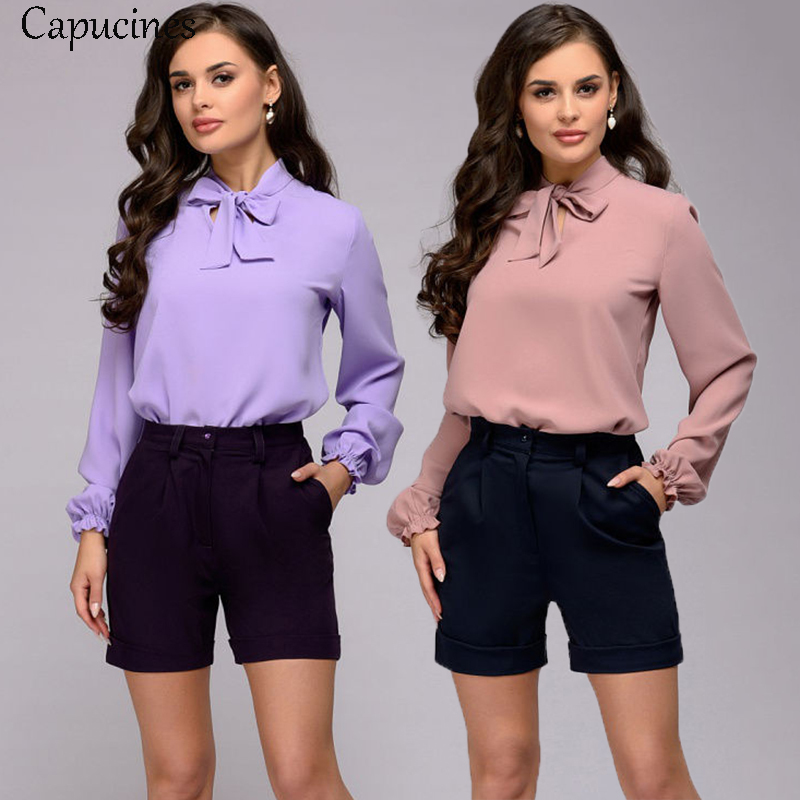 Women Fashion Bow Tie Chiffon Blouse Shirt Spring Autumn Elegant Office lady Blouses Long Sleeve Casual Shirts Solid Tops 210225