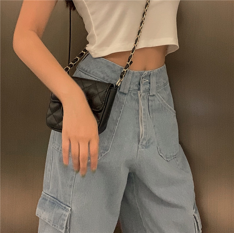 Woherb Vintage Wide Leg Woman Jeans High Waisted Jeans Blue Casual Long Trousers Korean Streetwear Pockets Denim Pants 25636 210222