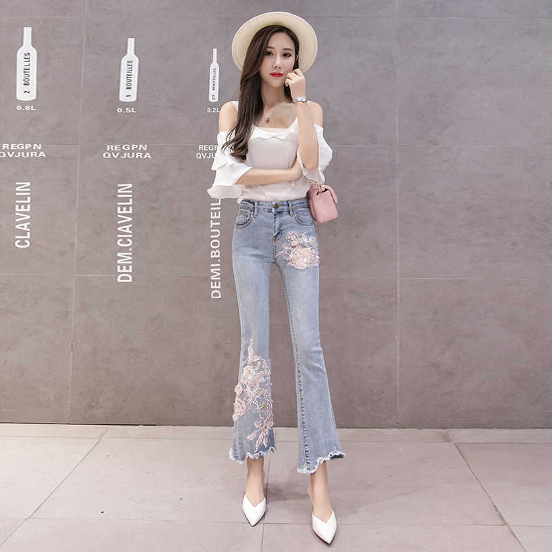 Stretchy Plus Size Women Flare Jeans Pants Pearls Tassels Flower Embroidery Denim Skinny Woman High Waist Mom 210922