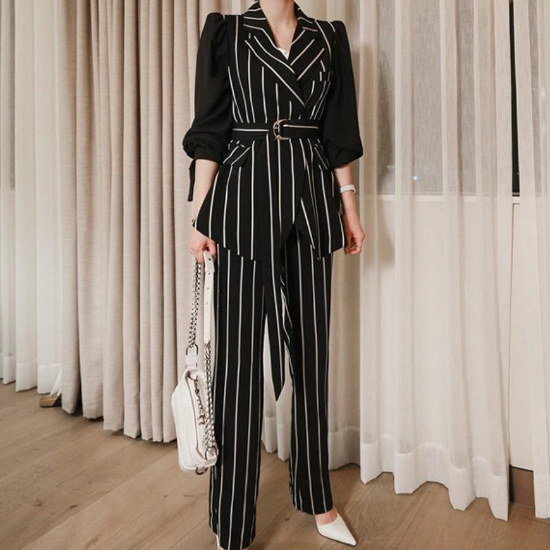 Women's Two Piece Pants 2021 Spring Elegant Office Work Wear Pant Suits 2 Sets For Women Stripe Blazer Jacket + Trousers Outfits Femme