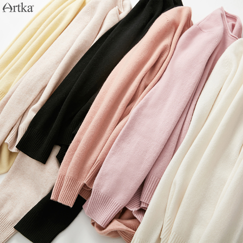 ARTKA Autumn Winter New Women Sweater Multicolor 100% Pure Wool Sweater O-Neck Pullover Soft Wool Knitted Sweaters YB11697D 210218