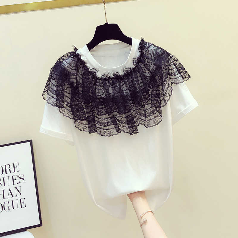 VANOVICH Raffle Lace Short-sleeved T-shirt Women Summer Mesh Yarn Stitched Round Collar Tops Female Fashion T Shirts 210615, White
VANOVICH Raffle Lace Short-sleeved T-shirt Women Summer Mesh Yarn Stitched Round Collar Tops Female Fashion T Shirts 210615, White