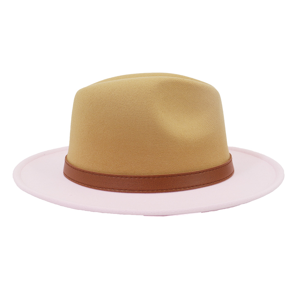 Trendy Camel and Pink Color Matching Fedora Hat Sombrero Panama Felt Jazz Cap Women Patchwork Party Formal Hat with Brown Belt