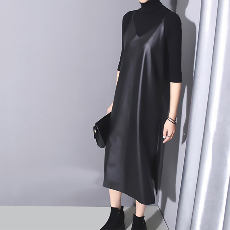 EAM Spring Summer Strapless Sleeveless Black Pu Leather Loose Brief Dres Fashion Allmatch JO287 210309