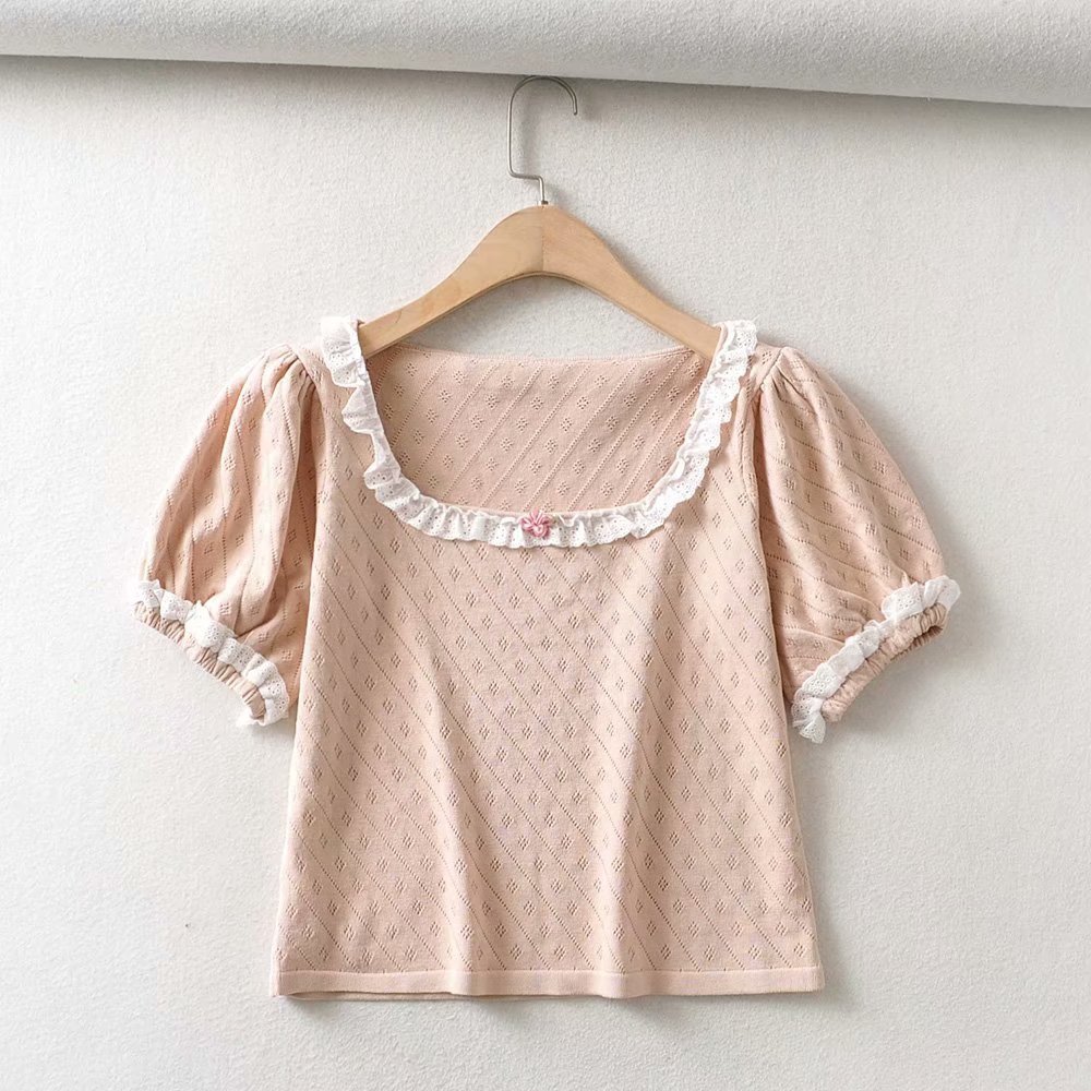 Lace Hollow-out Square-Cut Collar Pink Thin Sweater Women's Summer New Short-Sleeved Slim-Fit Viscose Fiber Top 210306