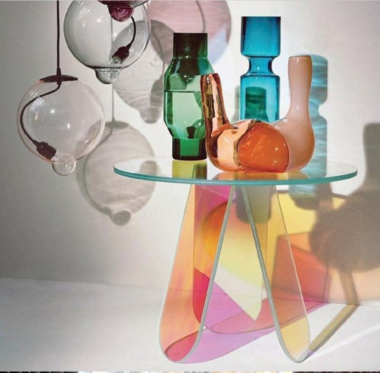 Garden Sets Acrylic Rainbow Color Coffee Table, Iridescent Glass End Round Side Table Modern Accent TV for Living Bed Room Decoration