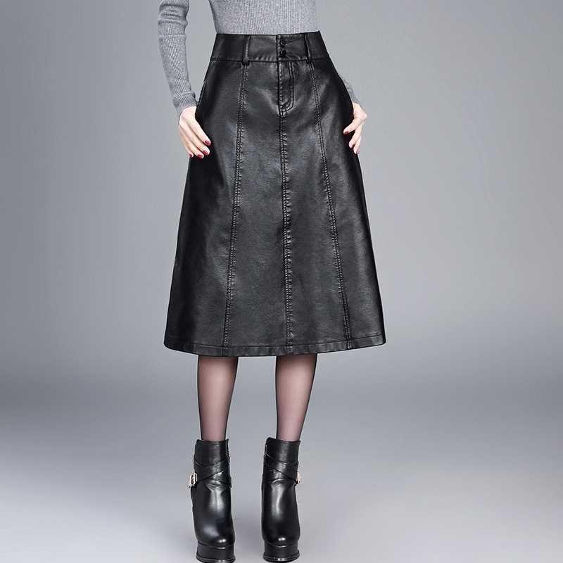 women Winter midi skirt spring womens high waist PU leather skirt faldas vintage saias plus size M4XL 210306