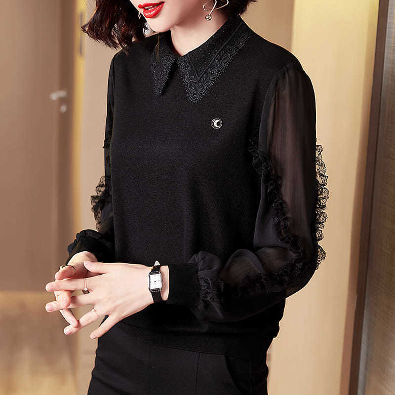 Women Spring Autumn Style Chiffon Blouses Shirts Lady Casual Peter Pan Collar Patchwork Chiffon Blusas Tops DF3795 210225