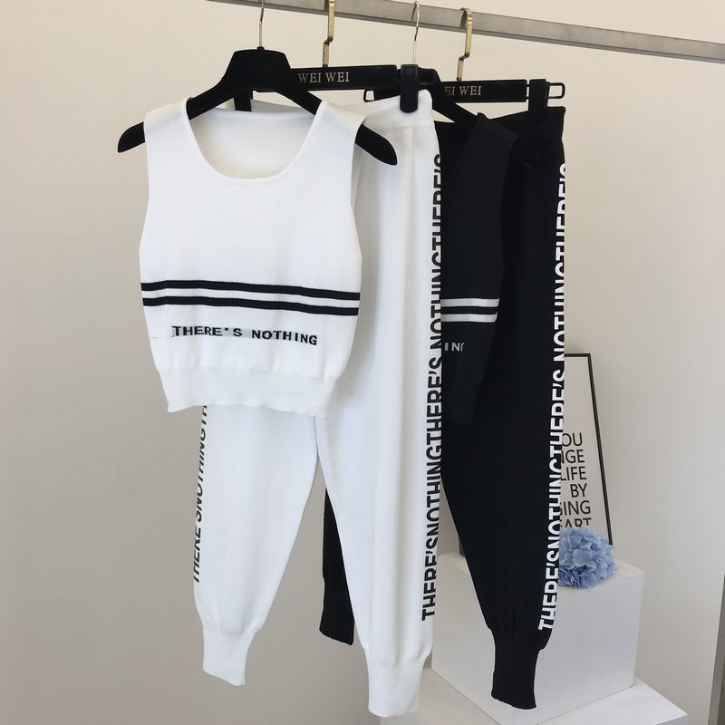 2021 New Women Knit Vest Pants Tracksuits Letters Print Striped Jumpers Woman Summer Casual Clothing Sets Co85, Black
2021 New Women Knit Vest Pants Tracksuits Letters Print Striped Jumpers Woman Summer Casual Clothing Sets Co85, Black