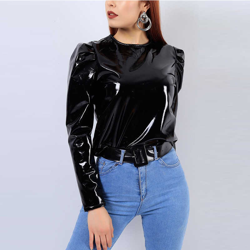 Women Latex Patent Leather O-Neck Tops Long Sleeve Shirt Pullovers PVC Jackets Plus Size Black Red PU Leather Short Coats Custom 211011