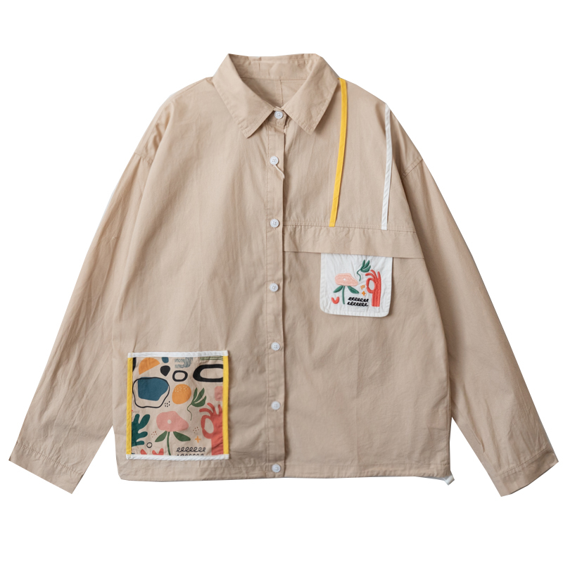 Bebobsons Casual Blouse For Women Cartoon Patch Long Sleeve Ladies Cotton Shirt Tops White Khaki 210225