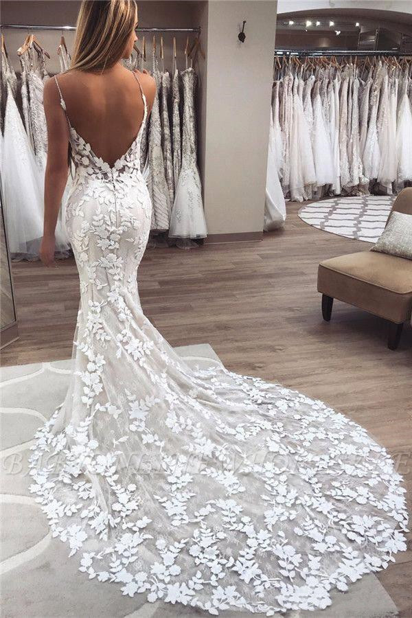 Sexy Embroidery Lace Mermaid Wedding Dresses Spaghetti Straps Beaded Backless Bridal Gowns Sleeveless Plus Size Bride Dress Custom Made
