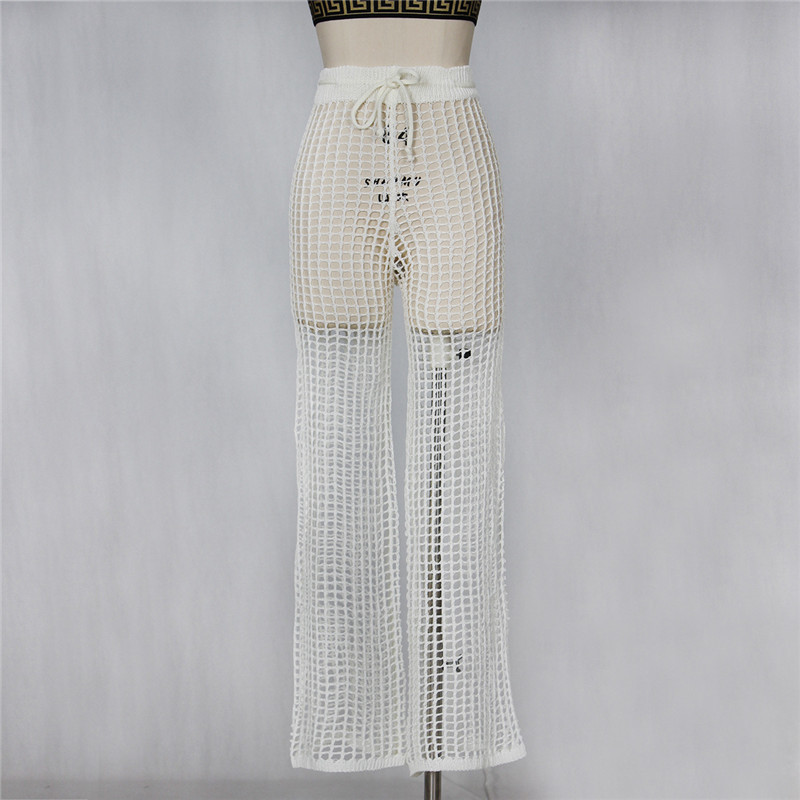 Women Beach Flare Pants Solid Knitted Hollow Out Fishnet Wide Leg Pants High Waist Lace Up Sashes Night Club Trousers T200223