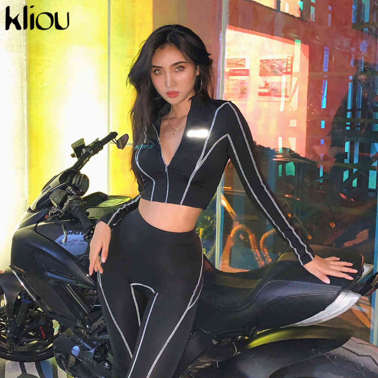 kliou women 2 pieces set fitness tracksuit long sleeve zipper crop top+leggings fashion reflective letters sportswear outfits 211105