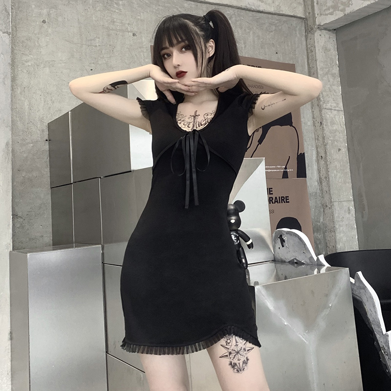 tassel gothic mini dress short sleeve summer women black aysmmetric lace up v neck party club casual female dress 2021, Black;gray 
tassel gothic mini dress short sleeve summer women black aysmmetric lace up v neck party club casual female dress 2021, Black;gray