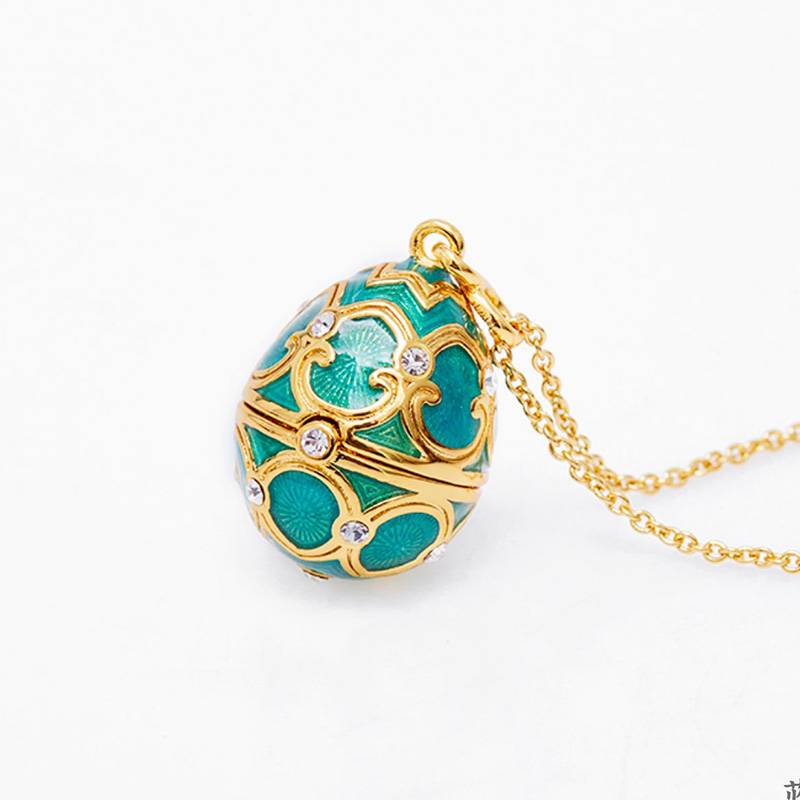 Enamel Handmade Faberge Easter Egg Pendant Necklace Jewelry Locket Brass Vintage Crystal Clover Inside Gift To Women Girls