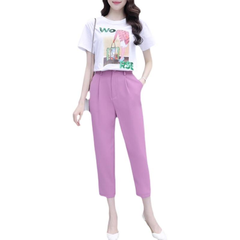 Women's Two Piece Pants Summer Print Sequins Sweatshirt Purple Pnats Korean Fashion Career Pcs Suit Leisure Outfit Top Set Clothing