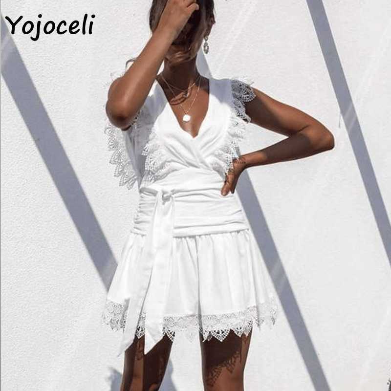 Yojoceli spring chic lace patchwork dres french style warp mini streetwear bow 210609