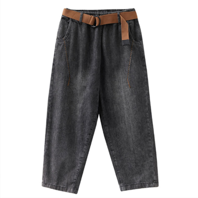 Autumn Korea Fashion Women Cotton Denim Harem Pants all-matched Casual Elastic Waist vintage Blue Loose Jeans Plus Size M634 210302