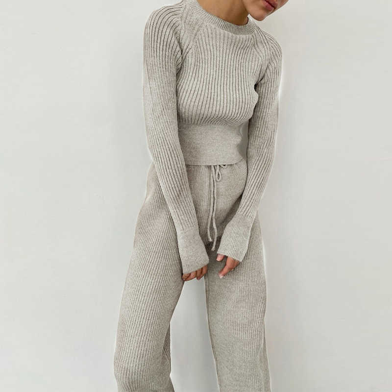 Casual Stripe Women's Suit Home Two Piece White Knitting Suit Autumn Indoor Warm Suit Round Neck Long Sleeve Home Set 210709