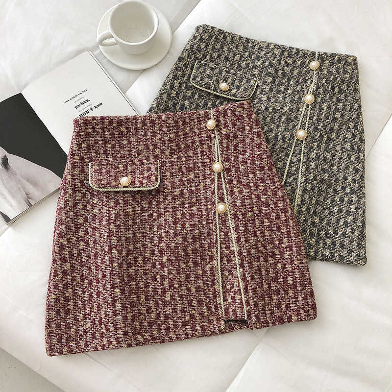 Tweed Skirts for Women Solid High Waist Slimming Autumn Spring Buttons Double Breasted Wool Mini Skirt 210705