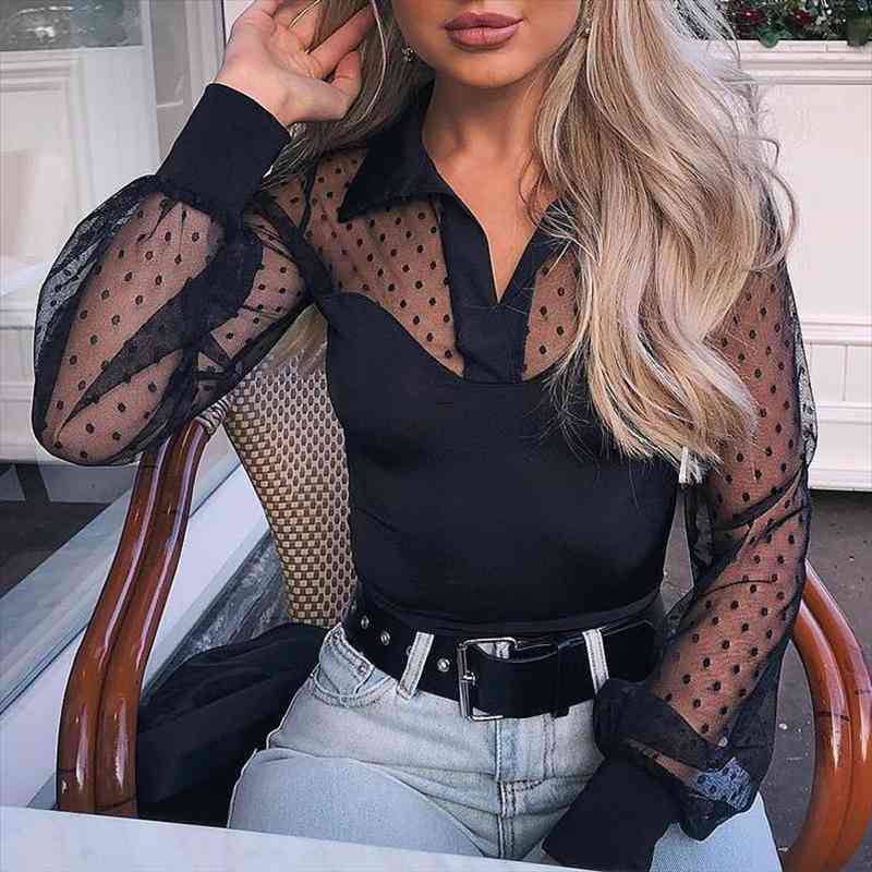 Women Elegant Fashion Black Patchwork Regular Shirt Female Top Casual Brief Dot Sheer Mesh Yoke Casual Blouse, White
Women Elegant Fashion Black Patchwork Regular Shirt Female Top Casual Brief Dot Sheer Mesh Yoke Casual Blouse, White