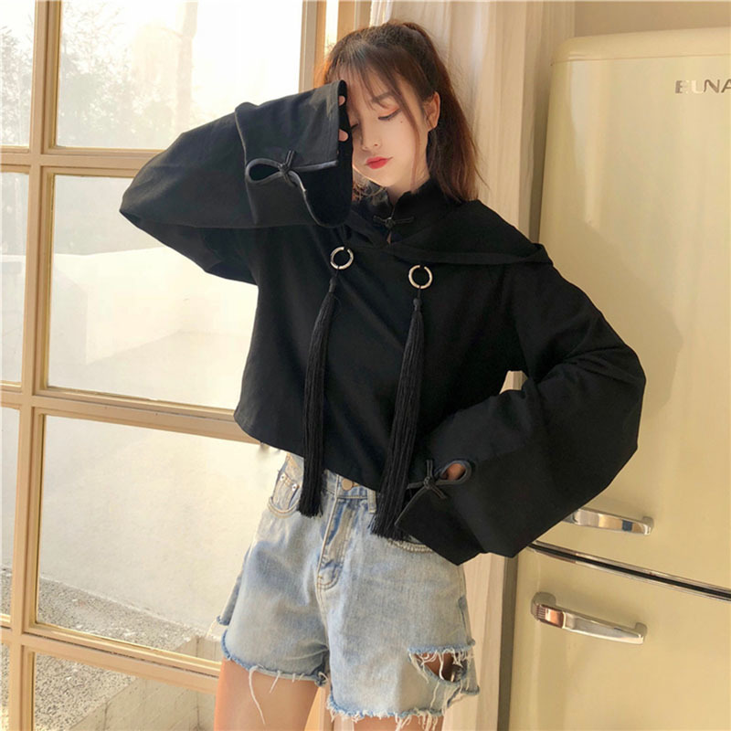 Women's Hoodies Crop Hoodies Sweatshirts Tassel Hooded Woman Crop Top Hoodie Chinese Letters Print Japan Style Girls Tops LS180 201102