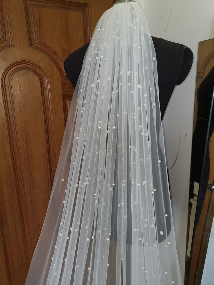 Cathedral Length Romantic 1Tier Pearl Beaded Long Bridal Veil Soft Tulle White Ivory Wedding Veils Handmade Accessories Headwear