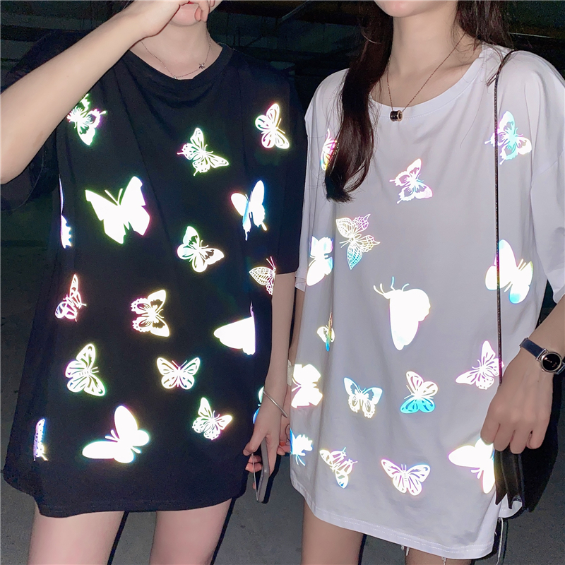 Harajuku Hip Hop INS reflective butterfly T-shirt summer loose women shirts white top korean clothes plus size 210302