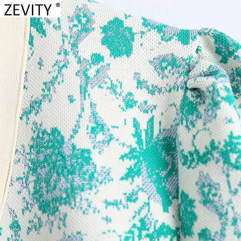 Zevity Women Fashion V Neck Floral Print Jacquard Short Knitted Sweater Female Chic Puff Sleeve Cardigans Crop Tops SW837 210918