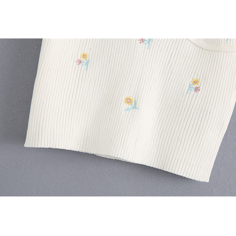 new woman summer sexy white V-neck embroidery knit short crop camisole sleeveless tops bottoming vest 210308