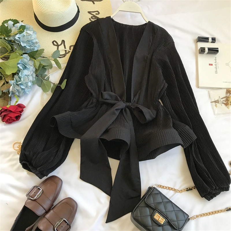 Neploe Ruched Pleated Ruffles Blusa Sashes Vintage Grace Women Blouse Spring Autumn Fashion Elegant V-Neck Shirt 69273 210308