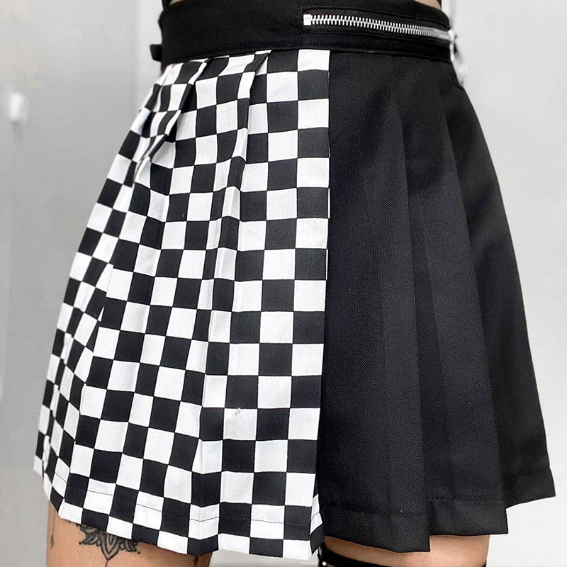SUCHCUTE gothic high waist women pleated mini skirt patchwork ribbons A-line Skirts streetwear solid female party outfits 210309