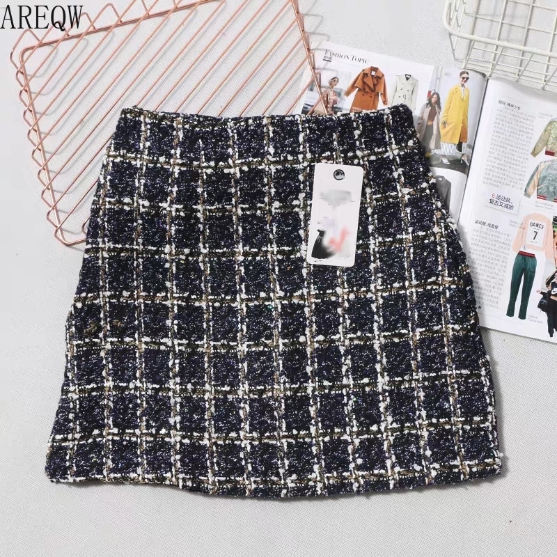 Black Tweed Skirt 2021 New Spring Autumn Skirts Womens Mini Black Skirt 210309