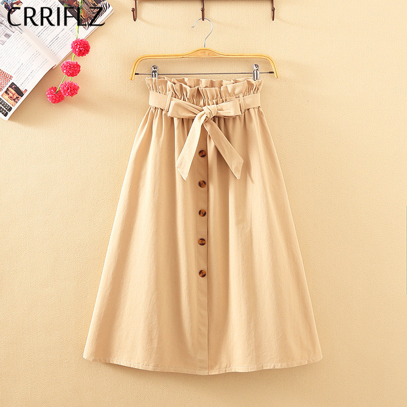 CRRIFLZ Summer Autumn Skirts Womens Midi Knee Length Korean Elegant Button High Waist Skirt Female Pleated School Skirt 210306