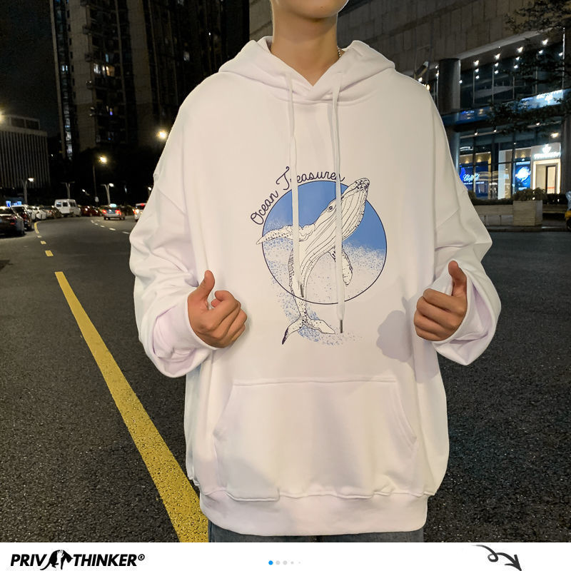 Privathinker Whale Printed Men Hoodies Autumn Warm Korean Loose Men's Hooded Sweatshirts Man Streetwear Casual Pullovers 201020