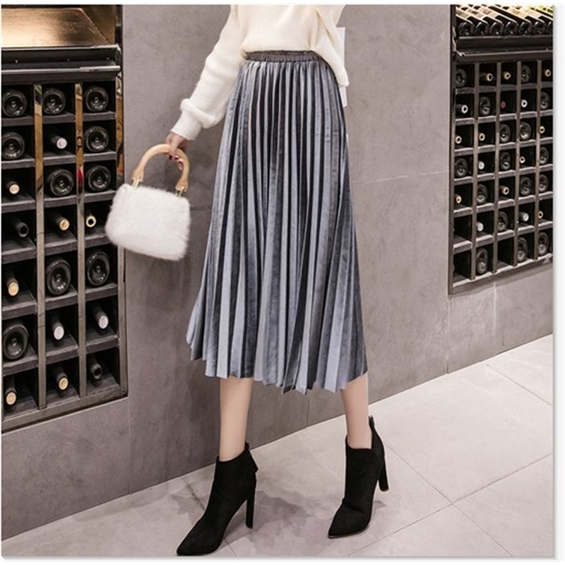 Autumn Winter Velvet Skirt High Waisted Skinny Large Swing Long Pleated Skirts Metallic Plus Size Faldas Saia Fashion Femal T200106