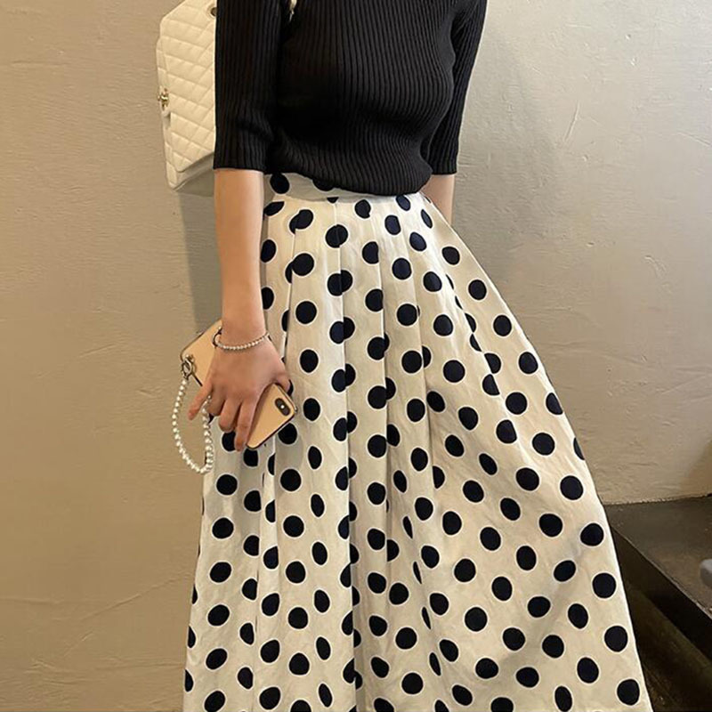 Casual Polka Dot Skirt High Waist Loose Thin French A-line Large Pleated Fashion Summer Women's 2P1666 210526