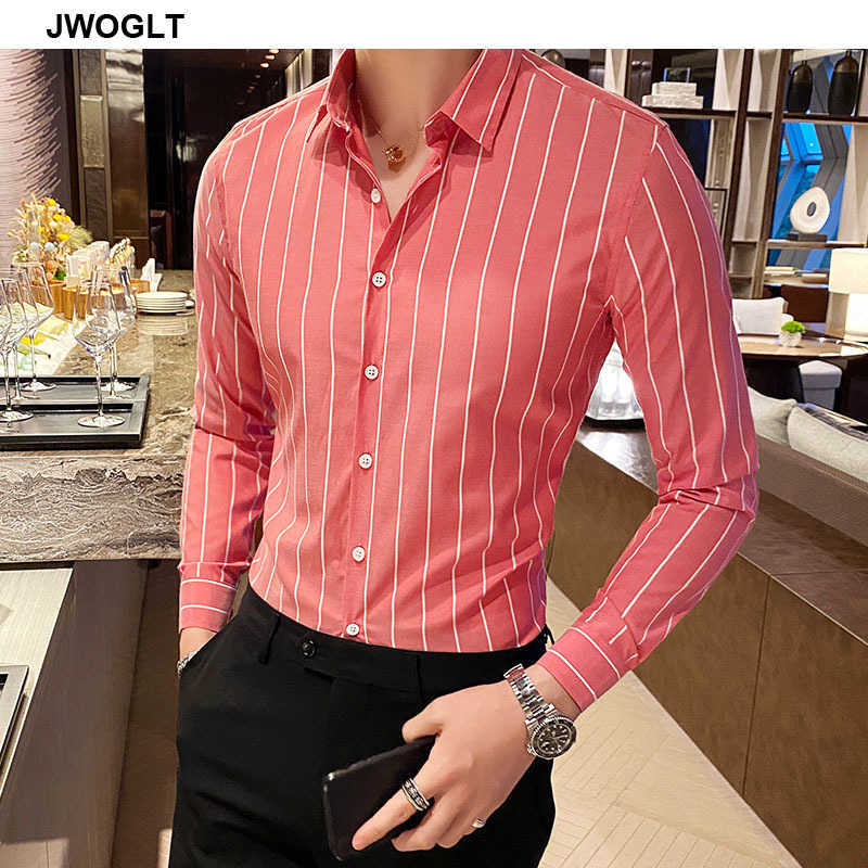 Korea Style Handsome Fashion Mens Shirts Button Down Slim Fit Long Sleeve Striped Shirts Asain Size 210528